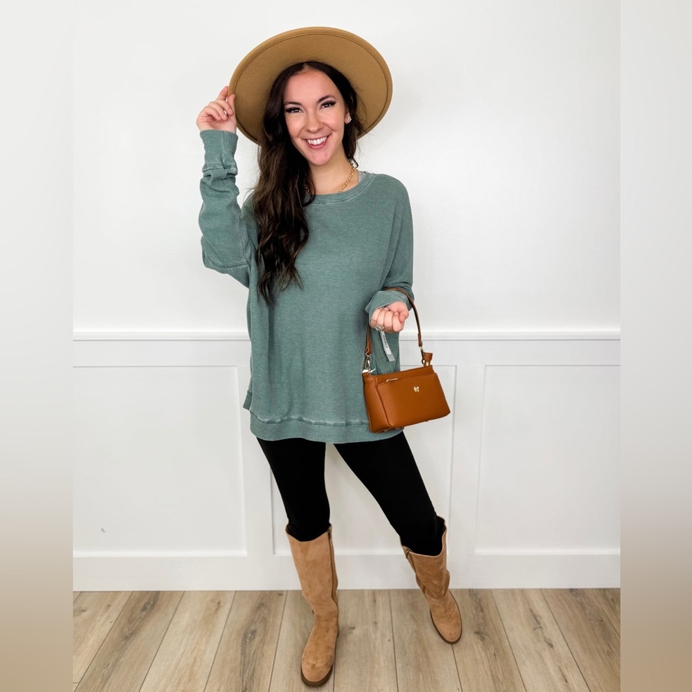 NWT Mono B Oversized Drop Shoulder Waffle Knit Top in Charcoal Gray PLUS 1Size